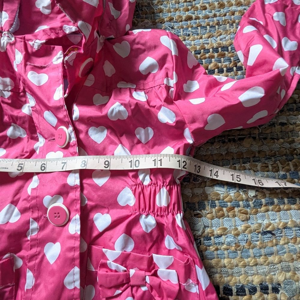Pink Platinum Heart Print Hooded Raincoat Jacket 4 Pink White Bow Pockets Cozy L - Picture 9 of 10